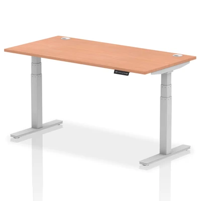 Image of Air 1600x800mm Height Adjustable Desk Beech Top Cable Ports Silver Leg