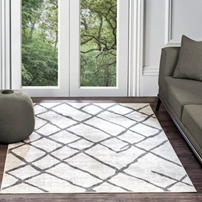 Image of Livabliss Turku Geometric Rug Scandi Area Rugs Living Room 160x220 cm, Dining, Kitchen Neutral, Abstract Patterned Rugs, Boho Style, Easy Care Pile Large Rug, White and Grey