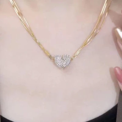 Image of JOVALT Double Sided Wearing Diamond Set Magnetic Love Pendant, Creative Magnet Couples Necklace, Cubic Zirconia Heart Shaped Necklace Fashion Clavicle Chain Necklaces