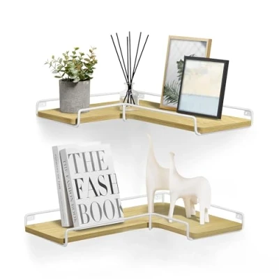Image of VASAGLE Floating Shelves, Set of 2, L Shaped Corner Shelves for Wall, Wall Shelf, Industrial Style, Living Room, Bedroom, Kitchen, Natural Oak and Cloud White LLS831Y70