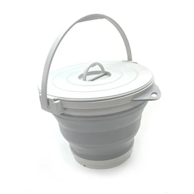 Image of SAMMART 10L Collapsible Fishing Bucket with Locking Lid Foldable Round Tub Portable Plastic Water Pail Space Saving Outdoor Waterpot (Grey)