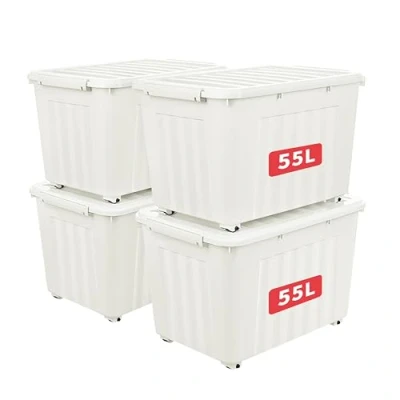 Image of Cetomo 55L*4 Plastic Storage Box,White, Tote box,Organizing Container with Durable Lid and Secure Latching Buckles, Stackable Nestable, 4Pack, Buckle