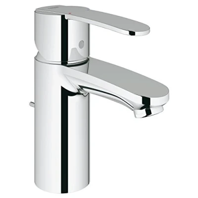 Image of GROHE Wave Bathroom Wash Basin Mixer Tap (Metal Lever, 35mm Ceramic Cartridge, Water Saving Mousseur 5.7 l/min, Pop Up Waste Set 1 1/4&#039;&#039;, Tails 3/8 Inch), Size 155mm, with QuickTool, Chrome, 23202000