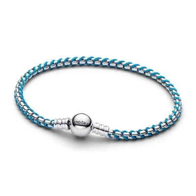 Image of Pandora Silver Blue Cord Box Chain Bracelet 23cm