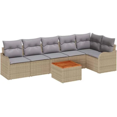 Image of vidaXL 7 Piece Garden Sofa Set with Cushions Beige Poly Rattan Acacia