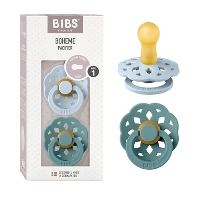 Image of BIBS Boheme Soother 2 Pack. BPA Free Dummy Pacifier, Round Nipple. Natural Rubber Latex, Made in Denmark. Str. 1, Baby Blue/Island Sea
