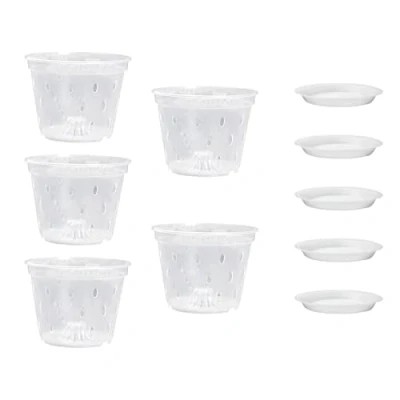 Image of 5 Pack Orchid Pots,Clear Pla stic Pots with Holes and Saucers,5 inch Slotted Pot for Orchids, Succulents, Houseplants,Flower Plant Indoor Outdoor, Breathable Orchids Planter