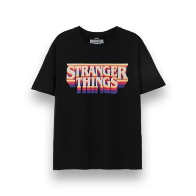 Image of Stranger Things Unisex T Shirt Adults Retro Logo Short Sleeve Graphic Tee in Black Hawkins Vintage Classic 80s Old School Apparel Top Netflix TV Show Merchandise Gift