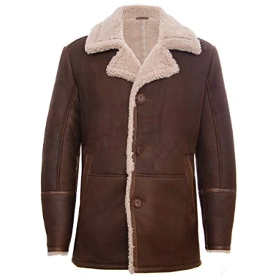 Image of Mens Brown German Classic Real Sheepskin Shearling Leather Cromby Jacket Coat 4XL