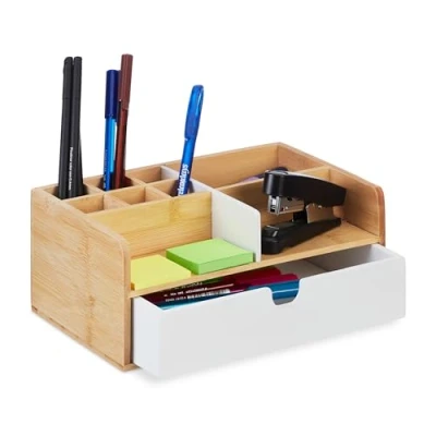 Image of Desk Organiser, 1 Drawer, 9 Compartments, Bamboo, HxWxD: 10 x 25 15.5 cm, Utensils Storage, Natural/White Relaxdays