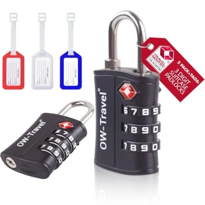 Image of TSA Approved Luggage Locks (2 Pack and 3 Tags) OW Travel ABS Digit Security Padlock, Combination Padlocks, Code Lock for Suitcase, Zipper, Luggage, Bag, Case, Backpack, Gym Locker (Black)