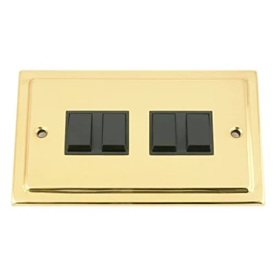 Image of Light Switch 4 Gang Victorian Polished Brass Black Insert Plastic 10 Amp Quad 2 Way