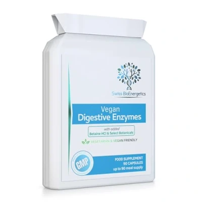 Image of Vegan Digestive Enzymes with Betaine HCl providing Bromelain, Amylase, Protease, Lipase, Papain, Apple Cider Vinegar, Ginger, Caraway, Turmeric, Peppermint, Fennel &amp; Chamomile 90 capsules, UK Made