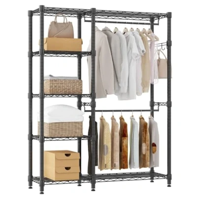Image of Clothes Rail Open Wardrobe with 5 Shelves Heavy Duty Rack 2 Adjustable Hanging Rails Stable Coat Hooks for Bedroom Hallway Living Room 114 * 44 195cm Black