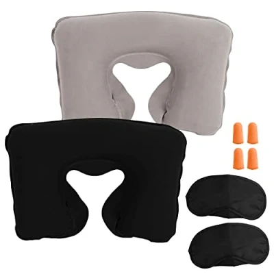Image of Lillyvale INFLATABLE TRAVEL NECK PILLOW Soft FLIGHT REST/SUPPORT CUSHION HEAD &amp; (Grey + Black)