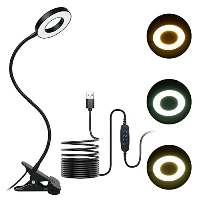 Image of URAQT USB LED Desk Lamp Clip On Light, 3 Colors &amp; 11 Dimmable Brightness 48 Reading Flexible Clamp Bedside Lamp, Eye Caring Book Light for Studying/Working/Gaming (Black)