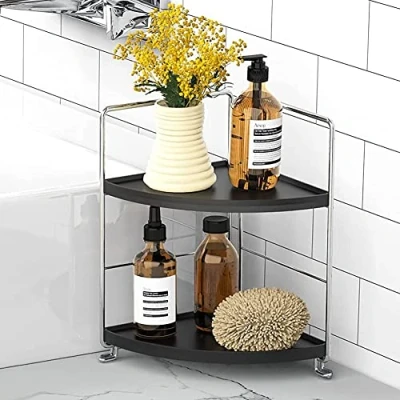 Image of kaileyouxiangongsi Kitchen Spice Rack Standing Shelf, 2 Tier Corner Storage Bathroom Countertop Organizer, Vanity Tray Cosmetic &amp; Makeup Storage, Silver&amp;Black