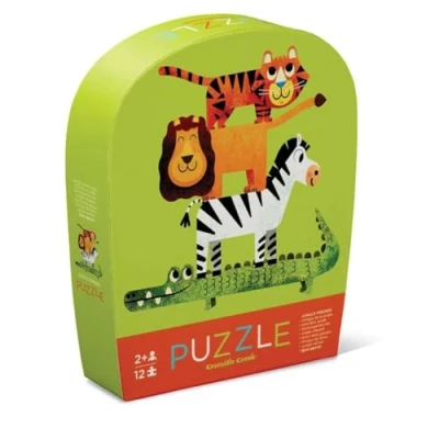 Image of Crocodile Creek Mini Floor Puzzle Jungle Friends 12 Large Jigsaw Pieces for Kids Ages 2 Years and up Heavy Duty Box Storage Finished is 9 x