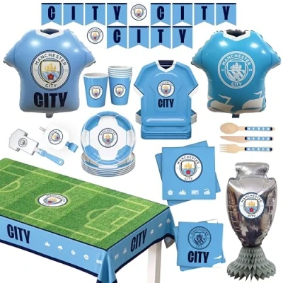 Image of Manchester City FC official Party Box, All in one 75 pcs for 6 Guests Disposable Tableware Set w/ Cutlery, Napkin, Decorations &amp; Favors Perfect Birthday, Matchday Celebrate (75)