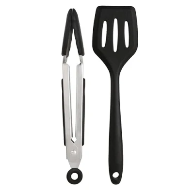 Image of Wiltshire Silicone Mini Kitchen Tongs &amp; Turner, Set of 2, Serving Spatula Cooking Tongs, Salad BBQ Stainless Steel, Fish Slice, Heat Resistant Utensil, Non Stick, Scratch, Midnight Black