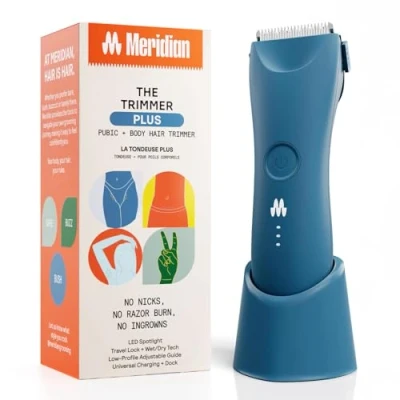 Image of MERIDIAN Trimmer Plus Body Hair Manscaping Trimmer, Adjustable Guard, USB C Charging, Flash Light, Travel Lock, Charging Dock, Bikini Mens Ocean