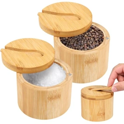 Image of QINGLANG 2 Pack Bamboo Salt and Pepper Bowls Box Spice with Magnetic Swivel Lid Spoon Cellar Storage Seasoning Container for Sugar
