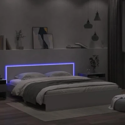 Image of vidaXL White Double Bedstead with LED Base and Headboard Engineered Wood, Plywood Slats, Accommodates 200x200 cm Mattress