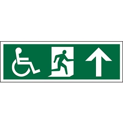 Image of Seco DDA Fire Exit Wheel Chair, Man Running Right, Arrow Pointing Up Pictogram Sign, 450mm x 150mm 1mm Semi Rigid Plastic