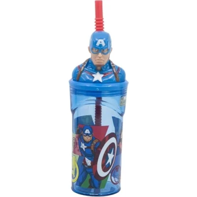 Image of Avengers 3D Figurine Tumbler with Straw 360ml BPA Free Plastic Cup for Kids Reusable Marvel Drink Bottle School, Camping, Picnics Captain America Design