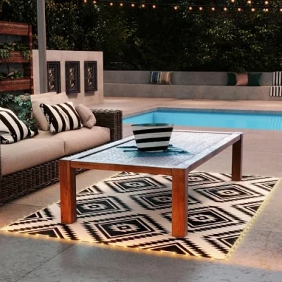 Image of Outsunny Reversible Outdoor Rug with LED String Lights, Waterproof Plastic Straw Mat Carry Bag for Garden, Deck, RV, Picnic, Beach, Camping, 182 x 274cm, Black and White