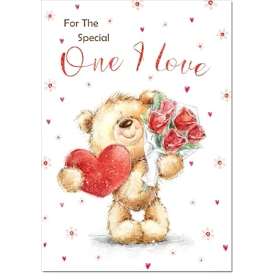 Image of doodlecards One I Love Valentine&#039;s Day Card Teddy with Heart and Flowers Large A4 Size Plain Envelope