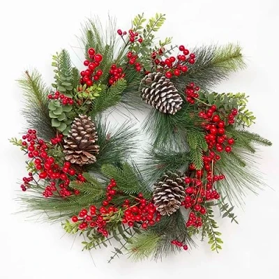 Image of Prelit Battery Operated Christmas Wreath 60cm Decorated with Red Berries, Pine Cones, Mixes Tips Front Door Room Wall Home Hanging Xmas Decorations