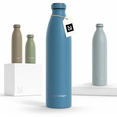 Image of LARS NYSØM Stainless Steel Insulated Water Bottle 12oz 17oz 25oz 34oz 51oz Thermo Flask for Hot and Cold Beverages Leakproof Drinking (Calypso Blue, 1000ml)