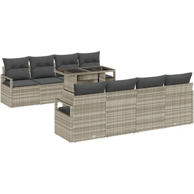 Image of vidaXL 9 Piece Garden Sofa Set with Cushions Light Grey Poly Rattan