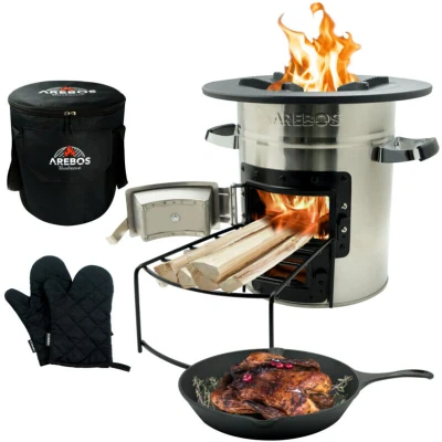 Image of Arebos Rocket Stove with Cast Iron Grill Pan Carry Bag &amp; Gloves Dutch Oven BBQ Portable Camping Wood Outdoor Kitchen Silver