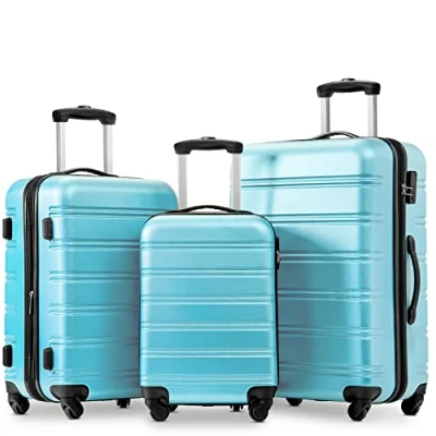 Image of ModernLuxe Suitcase, Set of 3 ABS Hard Shell Travel Trolley 4 Wheel Spinner, Expandable Lightweight Lockable Luggage Sets, 20, 24, 28 inch, Sky Blue