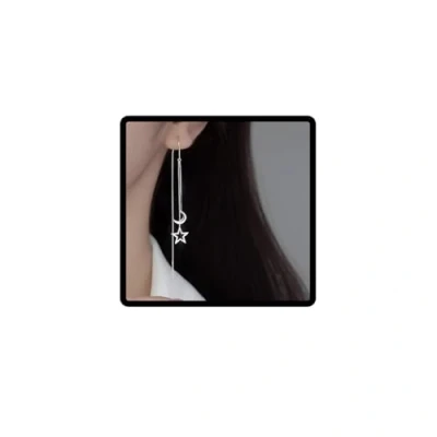 Image of Cubahop Star Moon Drop Dangle Earrings Silver Long Chain Threader Pull Through for Women and Girls(1Pair)