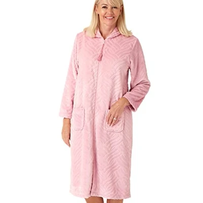 Image of Marlon Womens Serena Zip Front Embossed Fleece Housecoat, Dusky Pink, 16 18