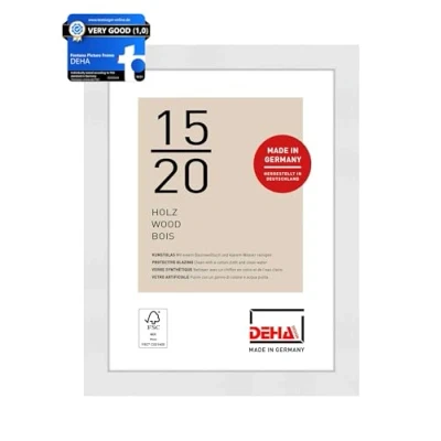 Image of DEHA Design Fontana Photo Frame 6x8, Wooden Picture 15x20cm, White with Protective Acrylic Glazing and Push Turn Clips