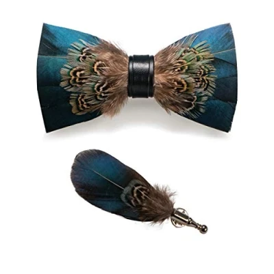 Image of JEMYGINS Blue Feather Bow tie Leather and Brooch Sets for Men(4), general, Brown/Peacock