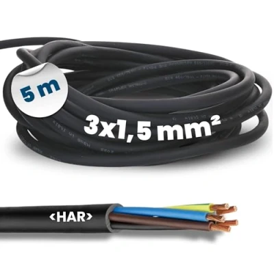 Image of 5 m Kalitec H07RN F 3 x 1.5 mm² Rubber Cable with Protective Conductor for Outdoor Use I Electric Black Construction Site Flexible UV and Oil Resistant Connection 3G1.5