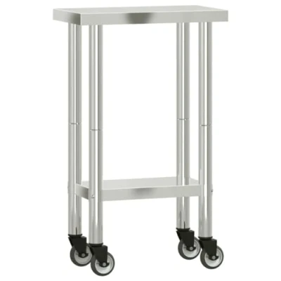 Image of vidaXL Stainless Steel Kitchen Work Table with Wheels 55x30x85 cm, Silver, Mobile Prep Station Storage Shelf for Commercial Use