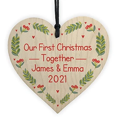 Image of Personalised Our First Christmas Together Bauble Wood Heart Tree Decoration Boyfriend Girlfriend Gift