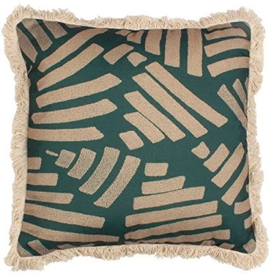Image of Paoletti Oromo Geometric Fringed Filled Cushion Green One Size