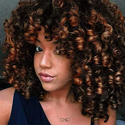 Image of ColorfulPanda Short Curly Hair Wigs for Black Women Brown Mixed Blonde Color Afro Kinky Wig 150% Density Brazilian Synthetic with bangs