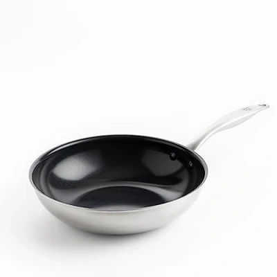 Image of GreenChef Profile Plus Healthy Ceramic Non Stick Stainless Steel 28cm/3.6L Wok Frying Pan, Stir Fry, PFAS Free, Induction, Heavy Duty, Oven safe up to 200˚C, Silver &amp; Black Interior