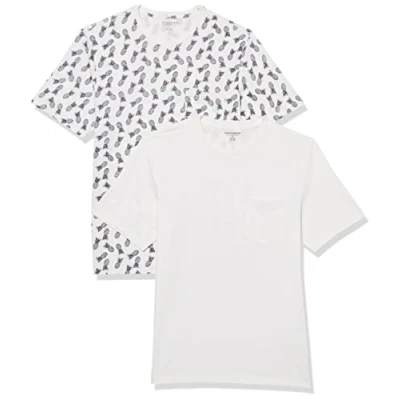 Image of Amazon Essentials Men&#039;s T Shirt Slim Fit Short Sleeved Crewneck Pocket, Pack of 2, White/Pineapple Print, XS