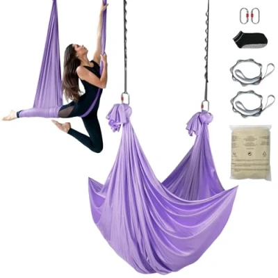 Image of VEVOR Aerial Yoga Hammock &amp; Swing, 4.4 Yards, Starter Kit with 100gsm Nylon Fabric, Full Rigging Hardware and Easy Set up Guide, Antigravity Flying for All Levels Fitness Bodybuilding, Purple