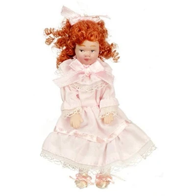 Image of Melody Jane Dolls House Victorian Little Girl with Ringlets in Pink Dress Porcelain People