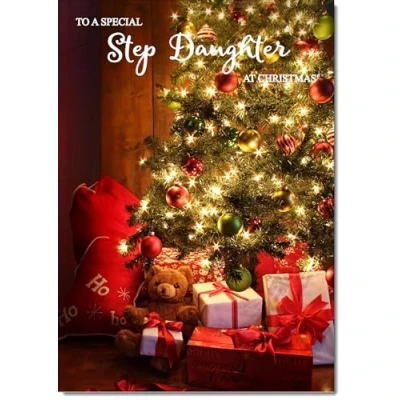 Image of doodlecards Stepdaughter Christmas Card Teddy by Tree Medium Size for with Plain Envelope